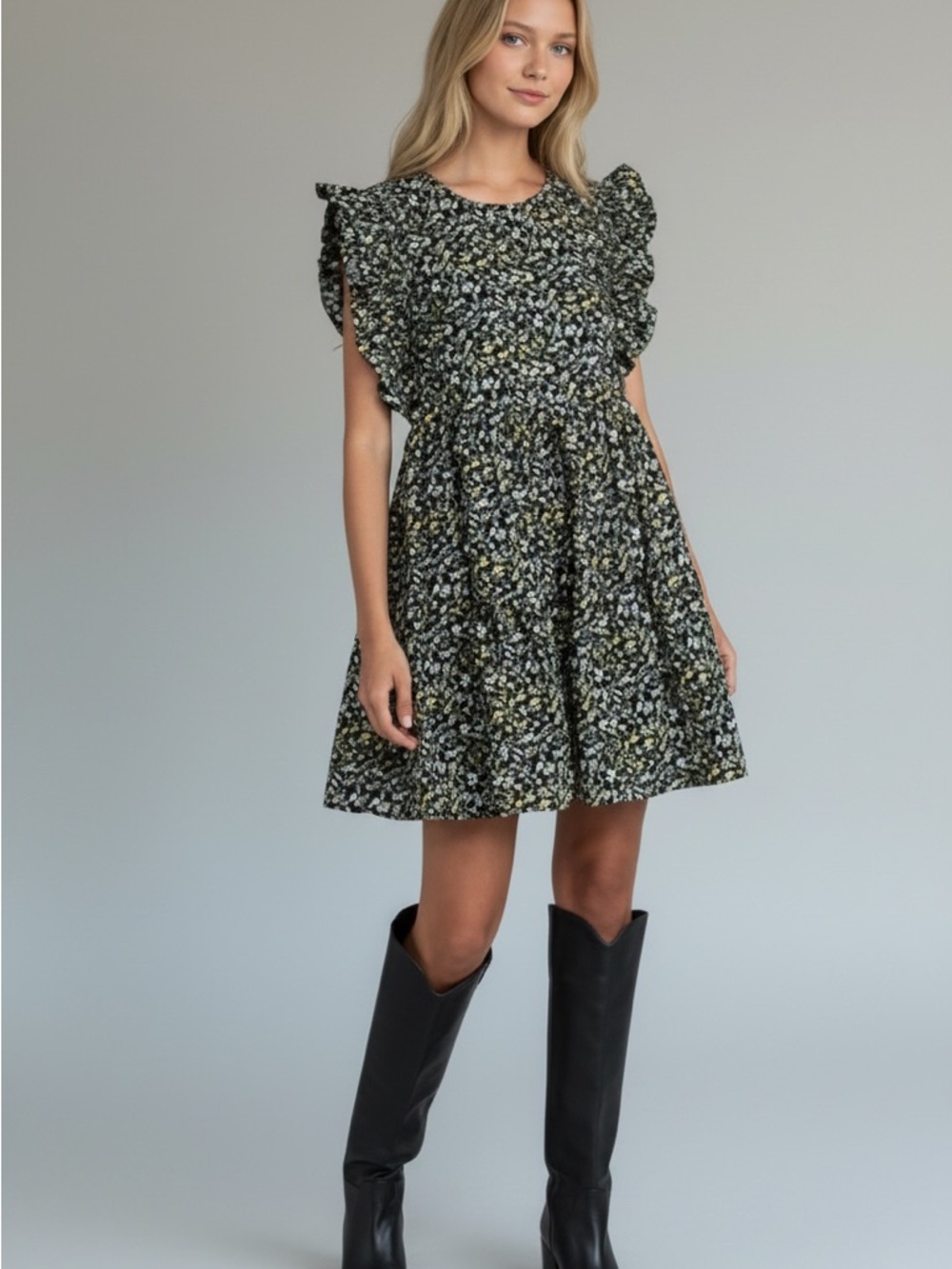 English Factory Floral Ruffle Sleeve Mini Dress - Black & Olive